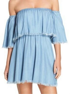 Off-Shoulder Blue Ruffle Denim Mini Dress Size Medium Elan